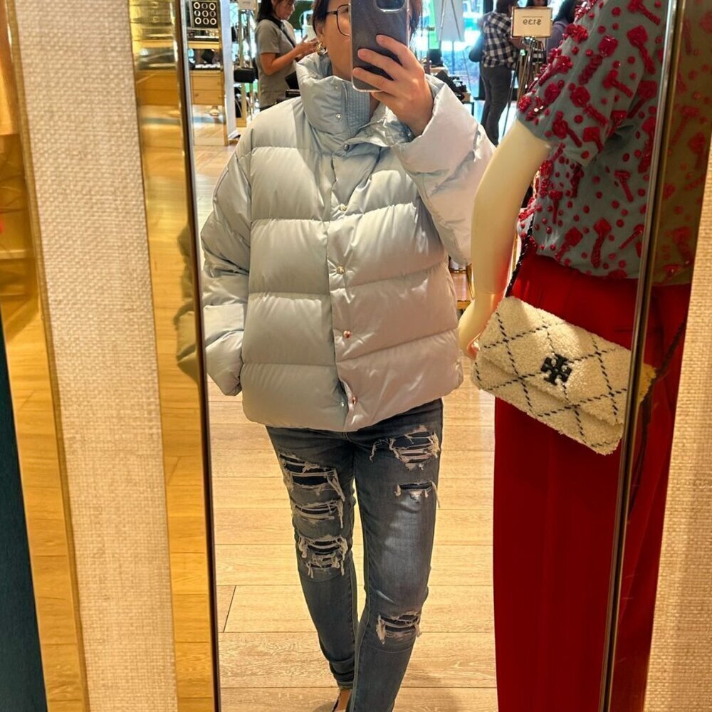 NEW! NWT! Tory Burch Classic Down Puffer Jacket -Women Light Sky Blue -Only L